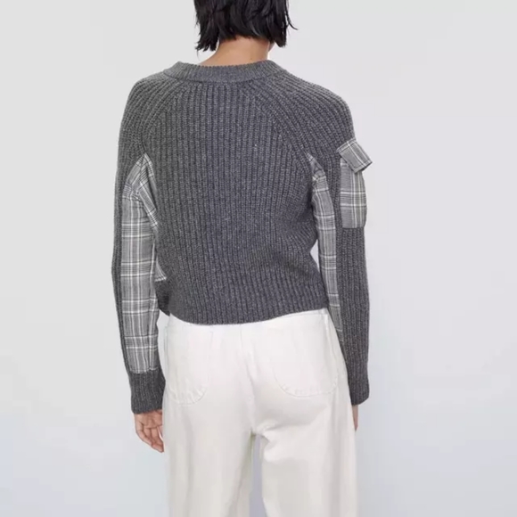 Zara Crew Neck Chunky Knit with Plaid details - Picture 3 of 10